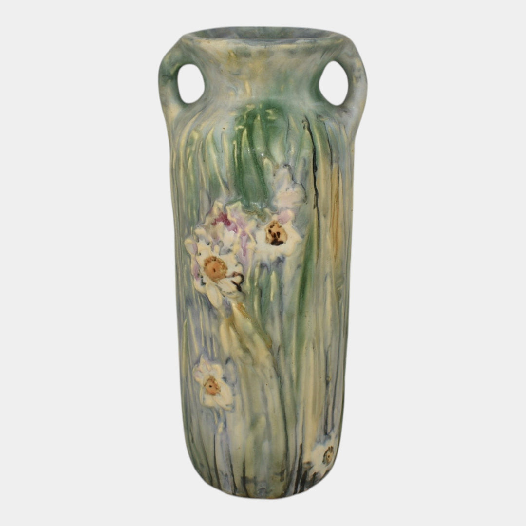 Weller Silvertone 1920s Vintage Art Pottery Floral Blue Pastel Ceramic Vase