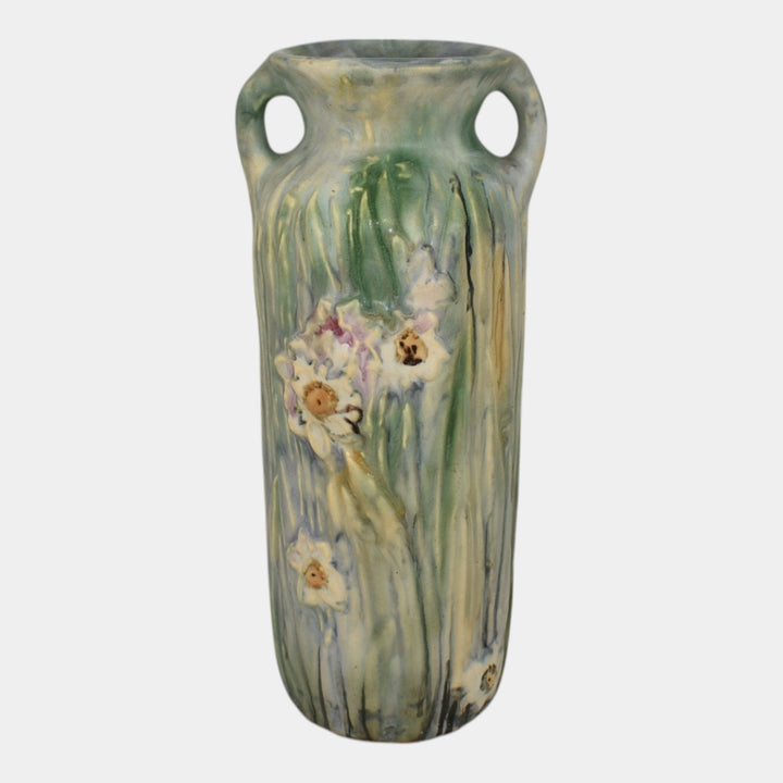 Weller Silvertone 1920s Vintage Art Pottery Floral Blue Pastel Ceramic Vase