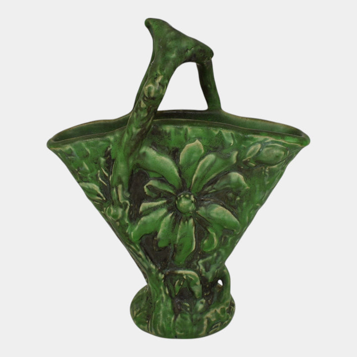 Weller Silvertone Matte Green Variant 1920s Vintage Art Pottery Floral Basket