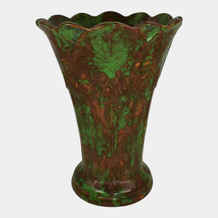Weller Coppertone 1920s Arts And Crafts Pottery Green Large Scalloped Rim Vase