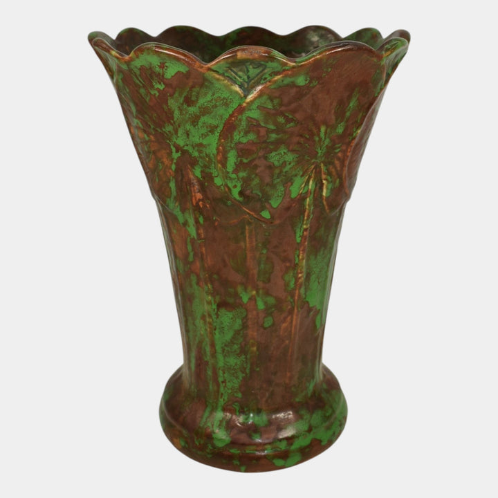 Weller Coppertone 1920s Arts And Crafts Pottery Green Large Scalloped Rim Vase
