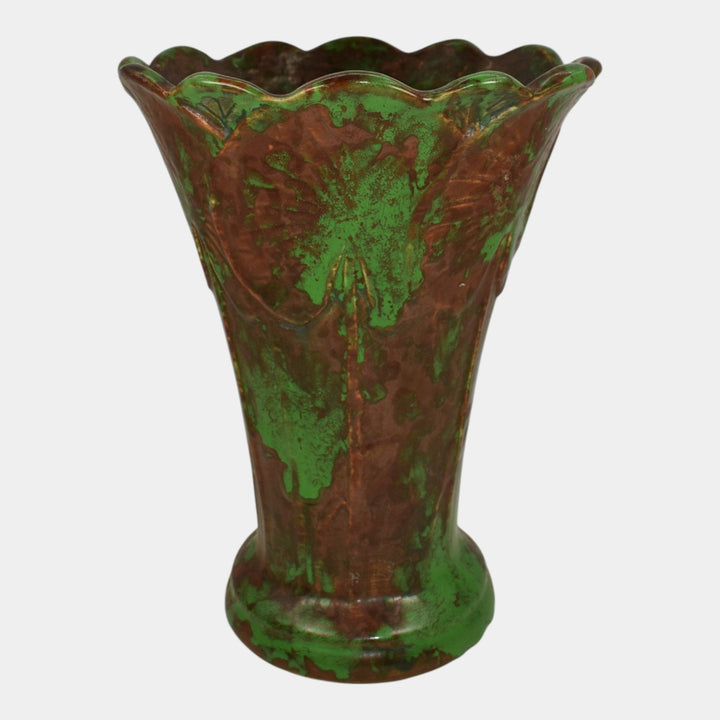 Weller Coppertone 1920s Arts And Crafts Pottery Green Large Scalloped Rim Vase
