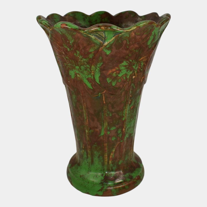 Weller Coppertone 1920s Arts And Crafts Pottery Green Large Scalloped Rim Vase