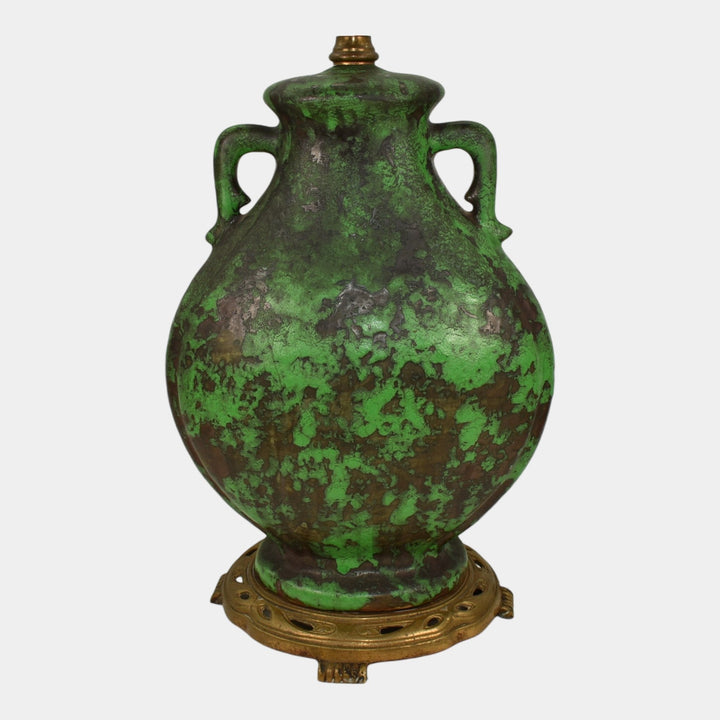 Weller Coppertone 1920s vintage art pottery lamp featuring a bulbous matte green ceramic base with coppery mottled accents, twin handles, and original brass factory mount—an iconic example of Arts and Crafts-era American lighting design.