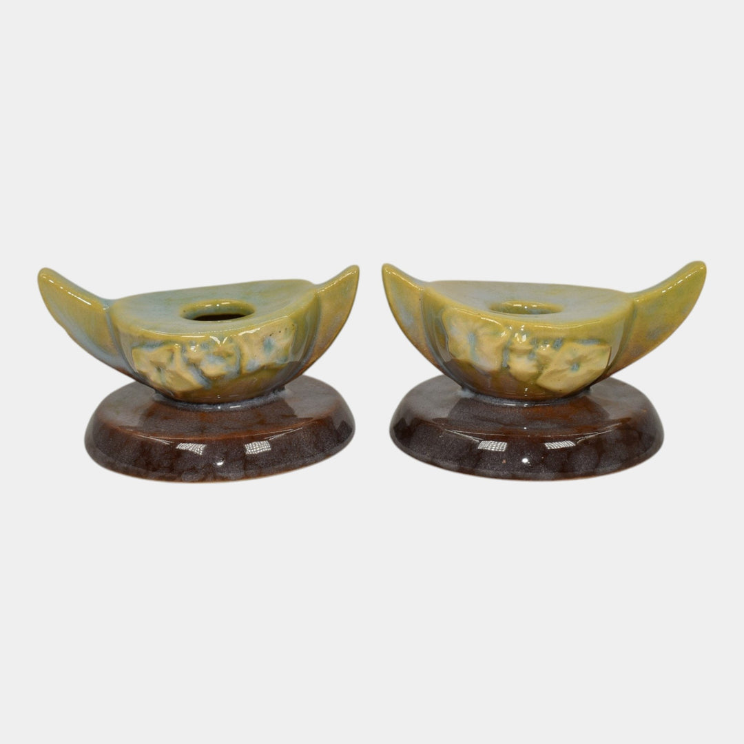Roseville Wincraft Green 1948 Mid Century Modern Pottery Candle Holders 251 - Just Art Pottery