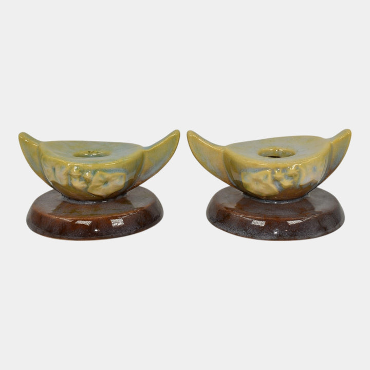 Roseville Wincraft Green 1948 Mid Century Modern Pottery Candle Holders 251 - Just Art Pottery