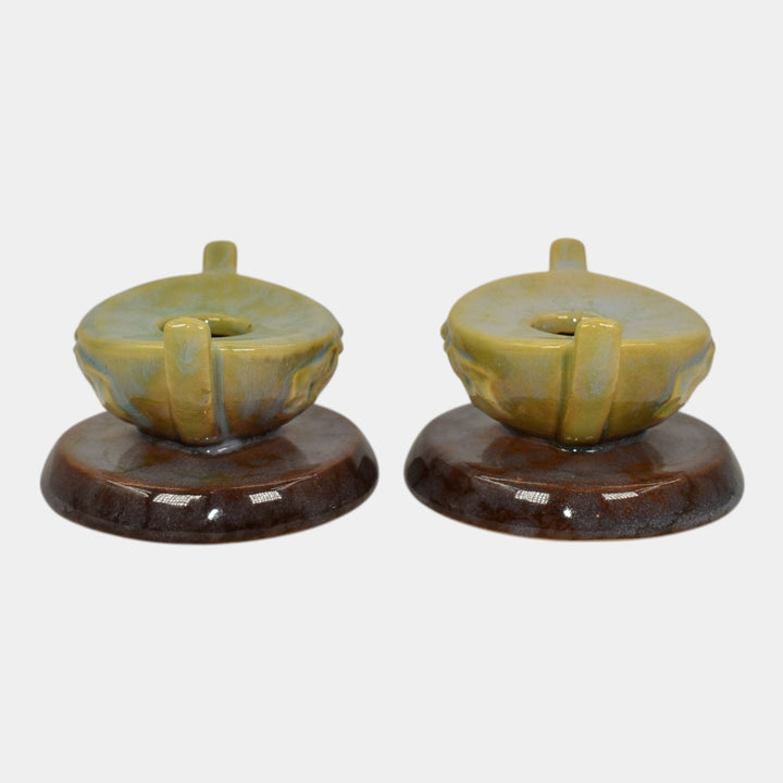 Roseville Wincraft Green 1948 Mid Century Modern Pottery Candle Holders 251 - Just Art Pottery