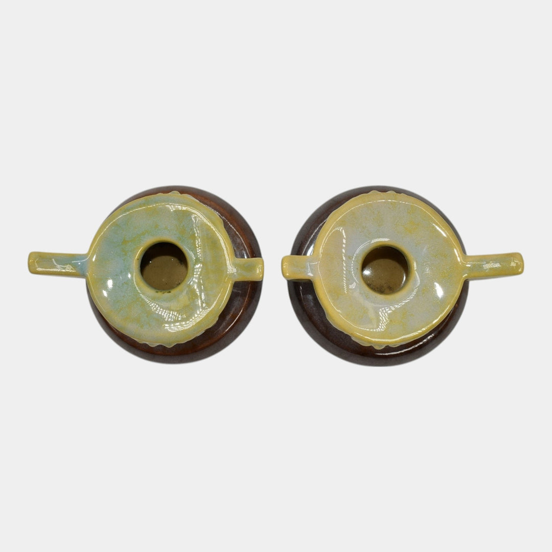 Roseville Wincraft Green 1948 Mid Century Modern Pottery Candle Holders 251 - Just Art Pottery