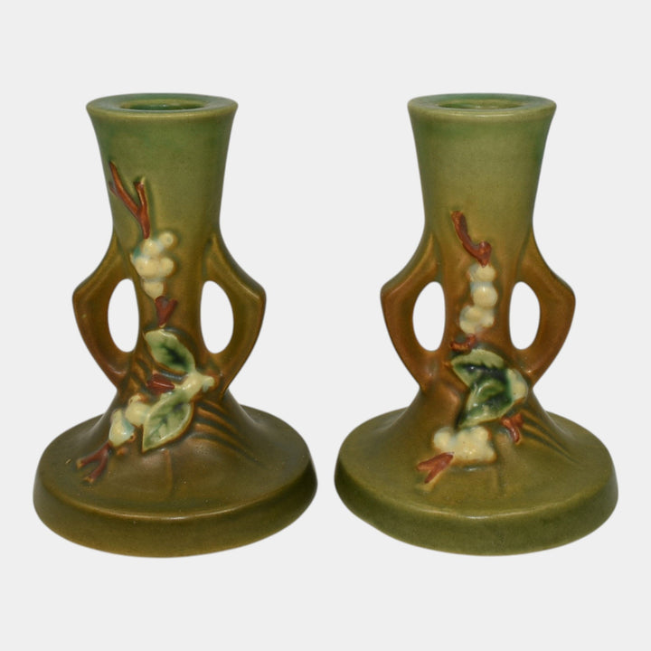 Roseville Snowberry Green 1947 Mid Century Modern Pottery Candle Holders 1CS2