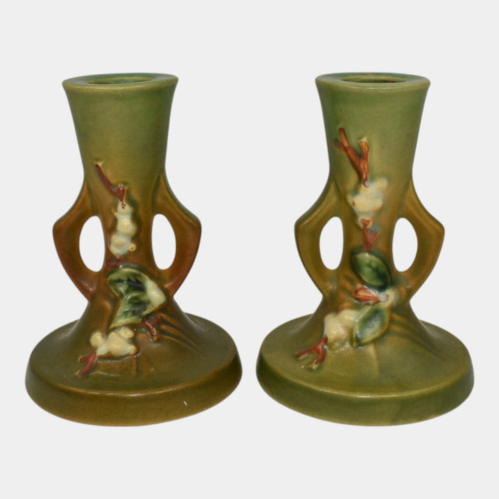 Roseville Snowberry Green 1947 Mid Century Modern Pottery Candle Holders 1CS2