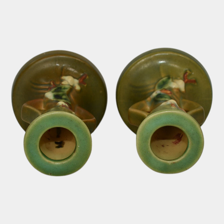 Roseville Snowberry Green 1947 Mid Century Modern Pottery Candle Holders 1CS2