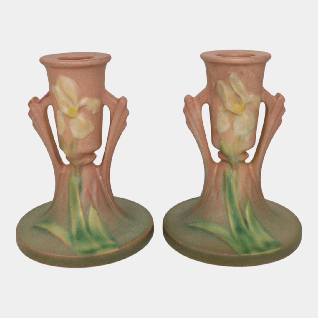 Roseville Iris Pink 1939 Vintage Art Deco Pottery Ceramic Candle Holders 1135-4