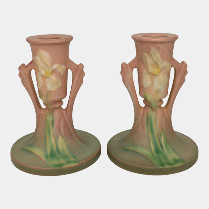 Roseville Iris Pink 1939 Vintage Art Deco Pottery Ceramic Candle Holders 1135-4