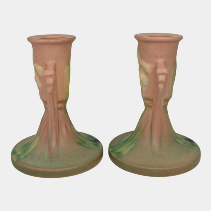 Roseville Iris Pink 1939 Vintage Art Deco Pottery Ceramic Candle Holders 1135-4