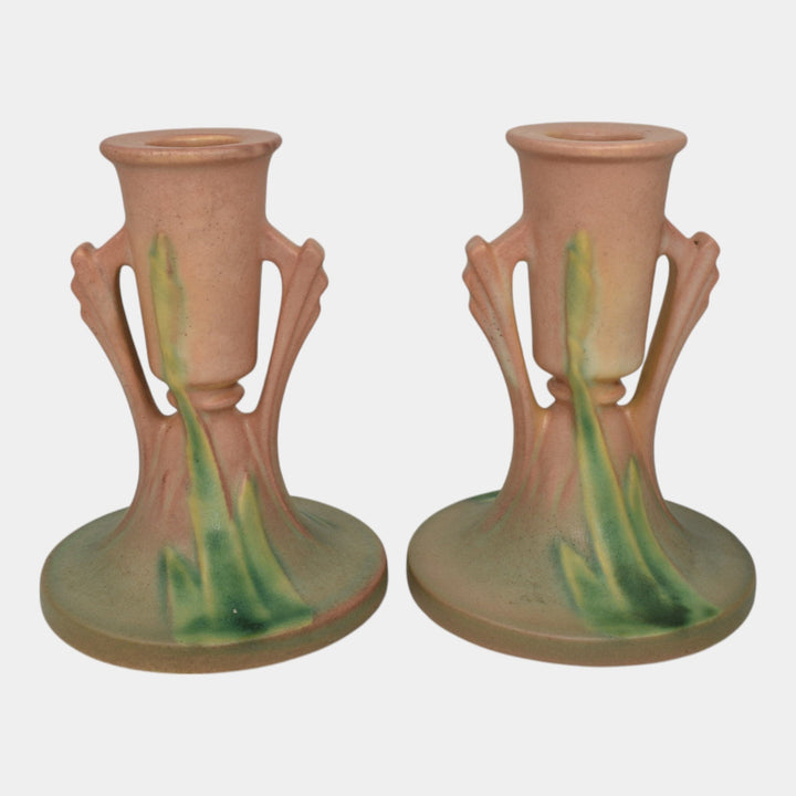 Roseville Iris Pink 1939 Vintage Art Deco Pottery Ceramic Candle Holders 1135-4