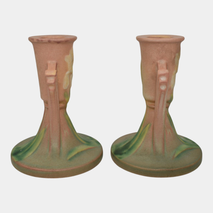 Roseville Iris Pink 1939 Vintage Art Deco Pottery Ceramic Candle Holders 1135-4