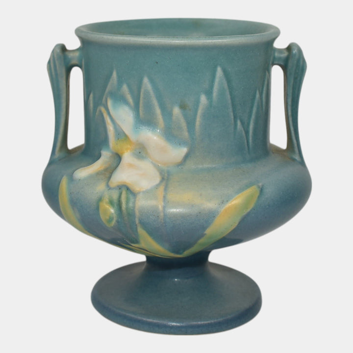 Roseville Iris Blue 1939 Vintage Art Deco Pottery Ceramic Handled Vase 130-4 - Just Art Pottery