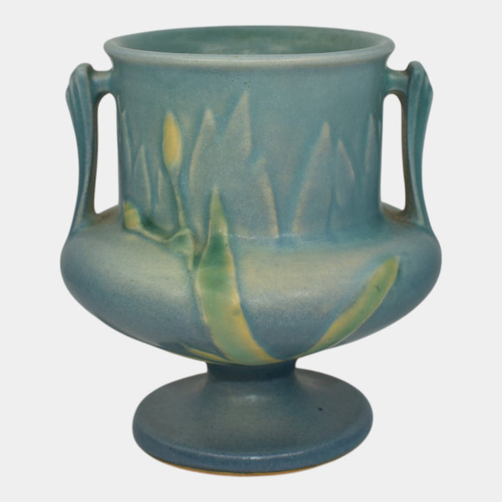 Roseville Iris Blue 1939 Vintage Art Deco Pottery Ceramic Handled Vase 130-4 - Just Art Pottery