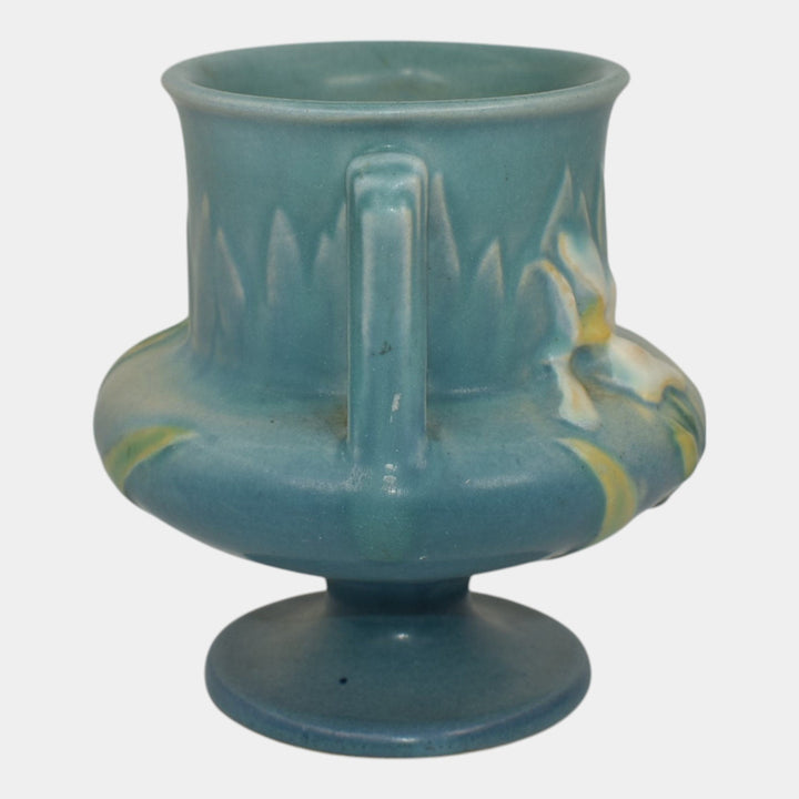 Roseville Iris Blue 1939 Vintage Art Deco Pottery Ceramic Handled Vase 130-4