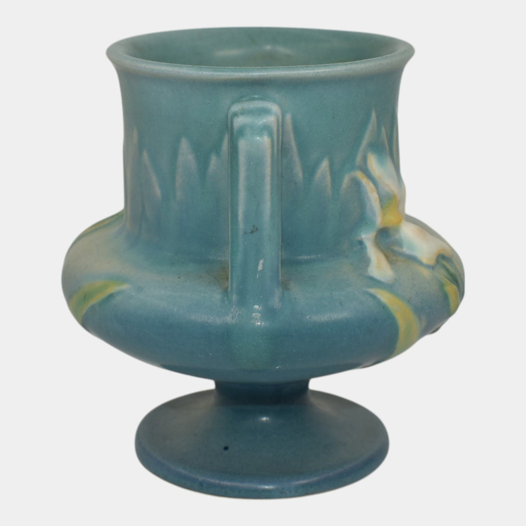 Roseville Iris Blue 1939 Vintage Art Deco Pottery Ceramic Handled Vase 130-4 - Just Art Pottery