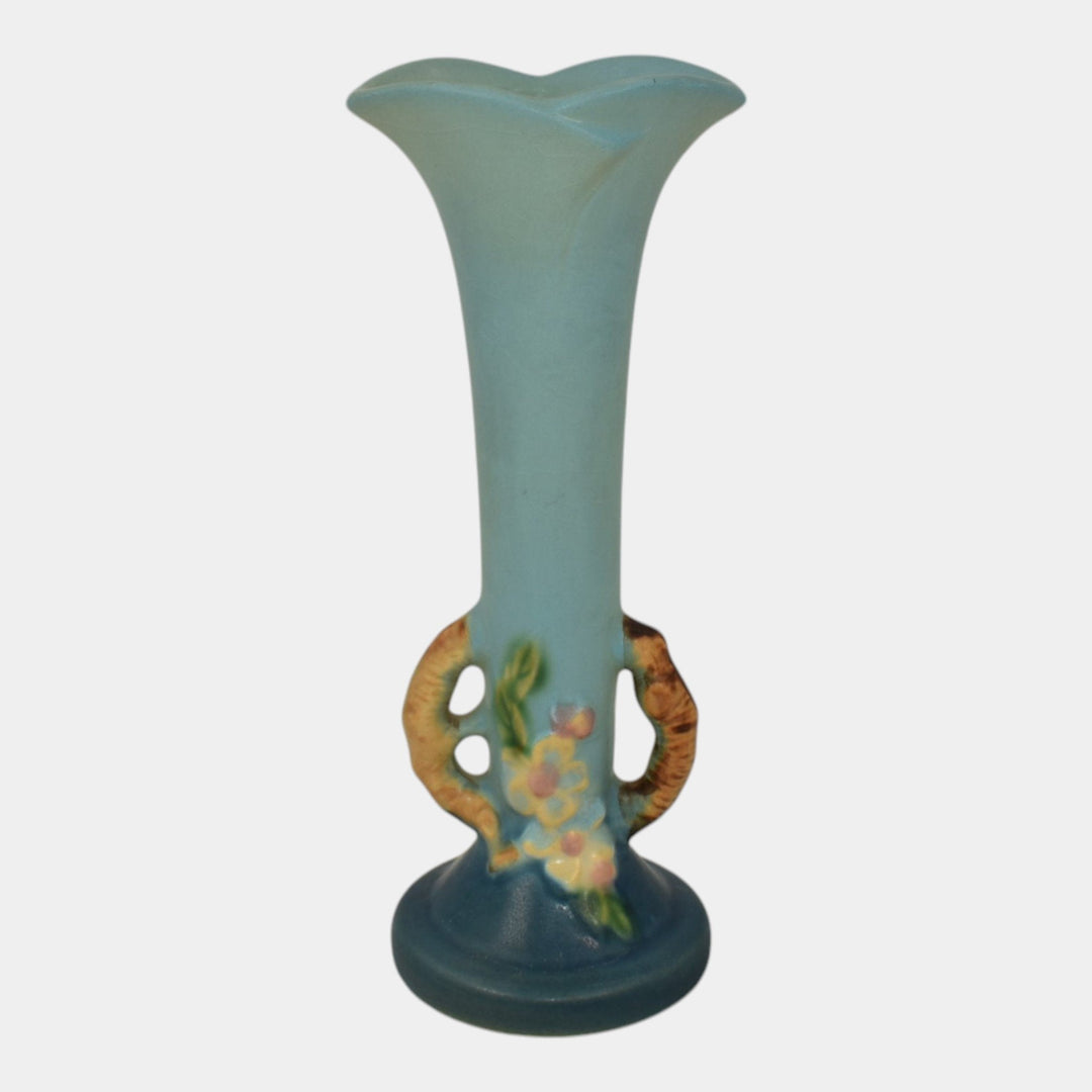Roseville Apple Blossom Blue 1949 Mid Century Modern Art Pottery Bud Vase 379-7 - Just Art Pottery