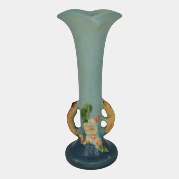 Roseville Apple Blossom Blue 1949 Mid Century Modern Art Pottery Bud Vase 379-7 - Just Art Pottery