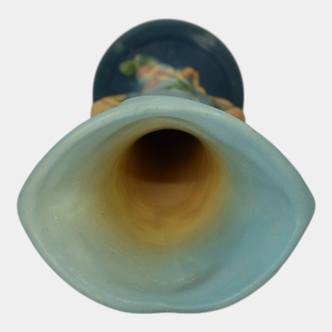 Roseville Apple Blossom Blue 1949 Mid Century Modern Art Pottery Bud Vase 379-7 - Just Art Pottery