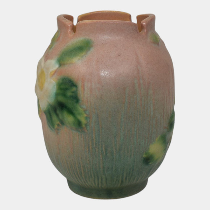 Roseville White Rose Pink 1940 Vintage Art Pottery Ceramic Flower Vase 978-4