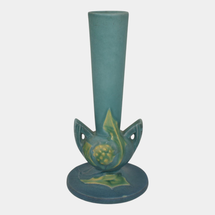 Roseville Thornapple Blue 1937 Vintage Art Deco Pottery Ceramic Bud Vase 813-7 - Just Art Pottery