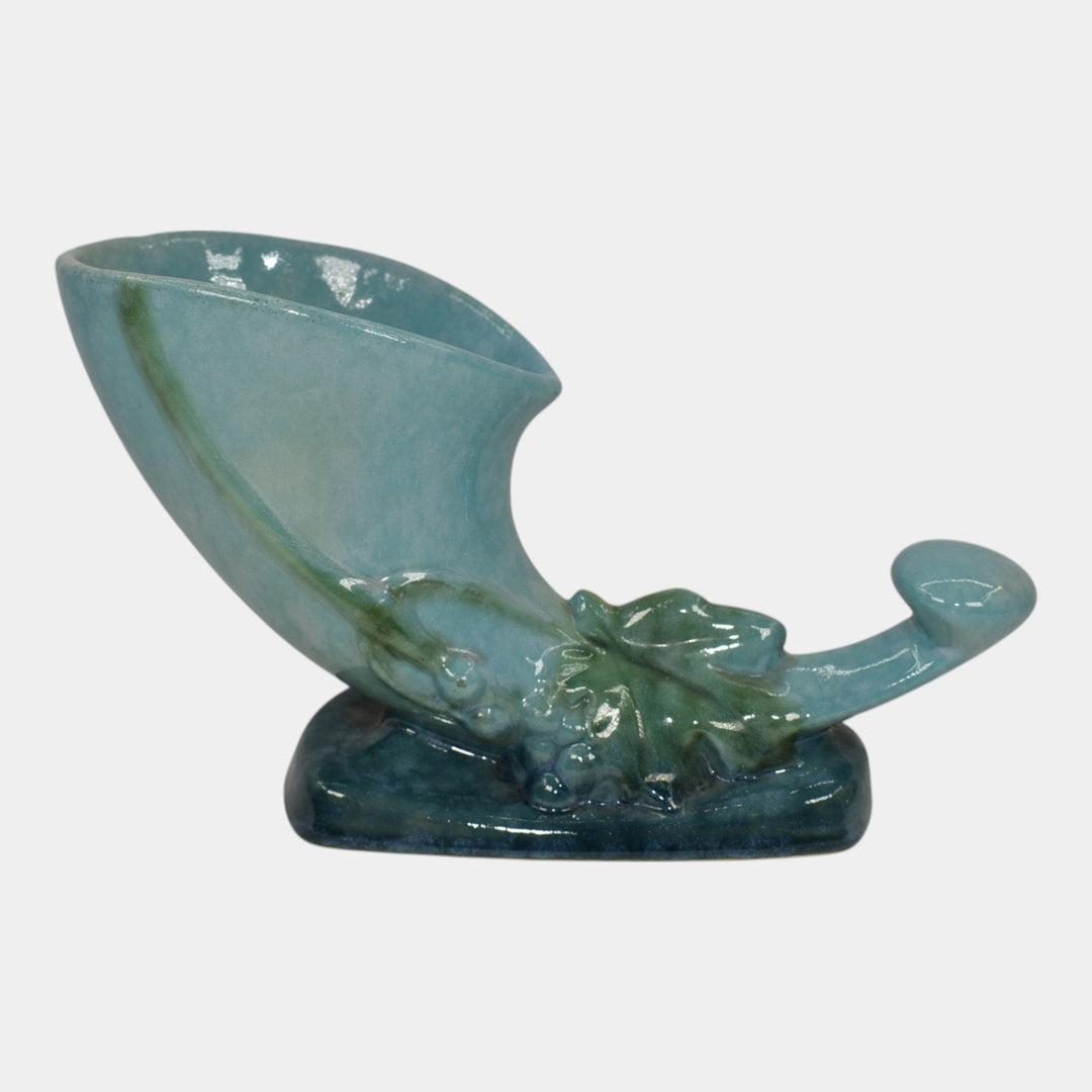 Roseville Wincraft Blue 1948 Mid Century Modern Pottery Cornucopia Vase 221-8 - Just Art Pottery