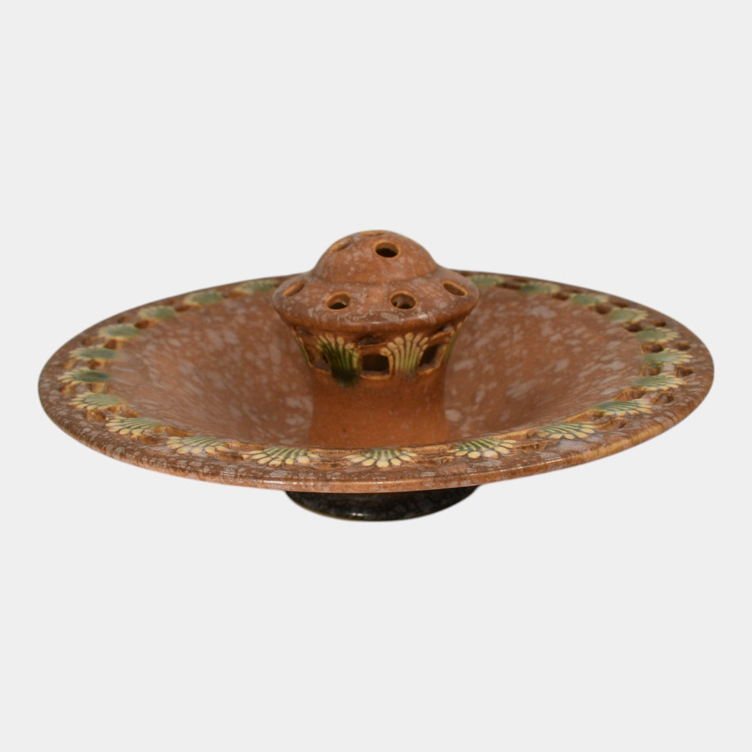 Roseville Ferella Tan 1930 Vintage Art Deco Pottery Flower Frog Center Bowl 87-8 - Just Art Pottery
