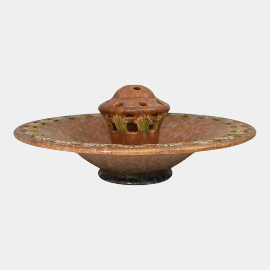 Roseville Ferella Tan 1930 Vintage Art Deco Pottery Flower Frog Center Bowl 87-8 - Just Art Pottery