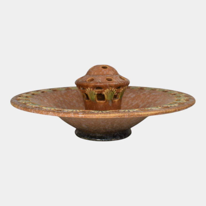 Roseville Ferella Tan 1930 Vintage Art Deco Pottery Flower Frog Center Bowl 87-8 - Just Art Pottery