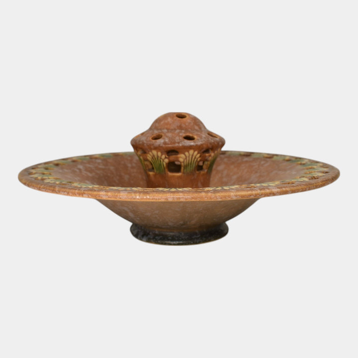 Roseville Ferella Tan 1930 Vintage Art Deco Pottery Flower Frog Center Bowl 87-8 - Just Art Pottery