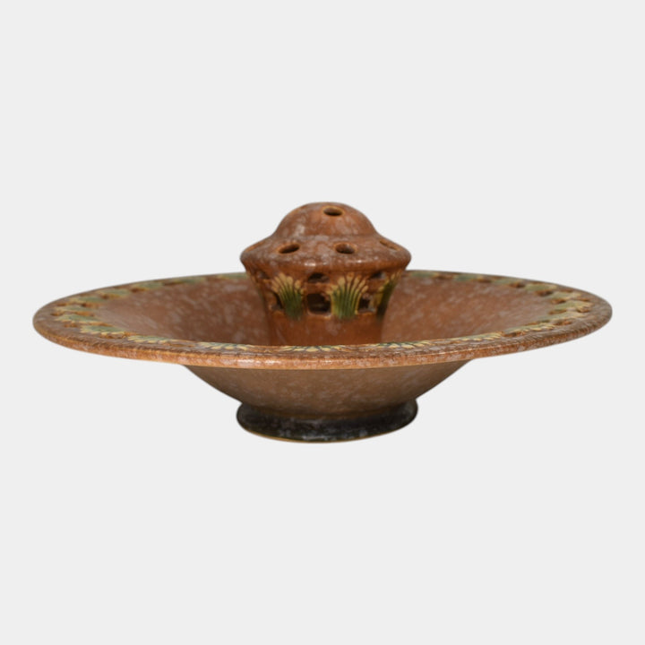 Roseville Ferella Tan 1930 Vintage Art Deco Pottery Flower Frog Center Bowl 87-8 - Just Art Pottery
