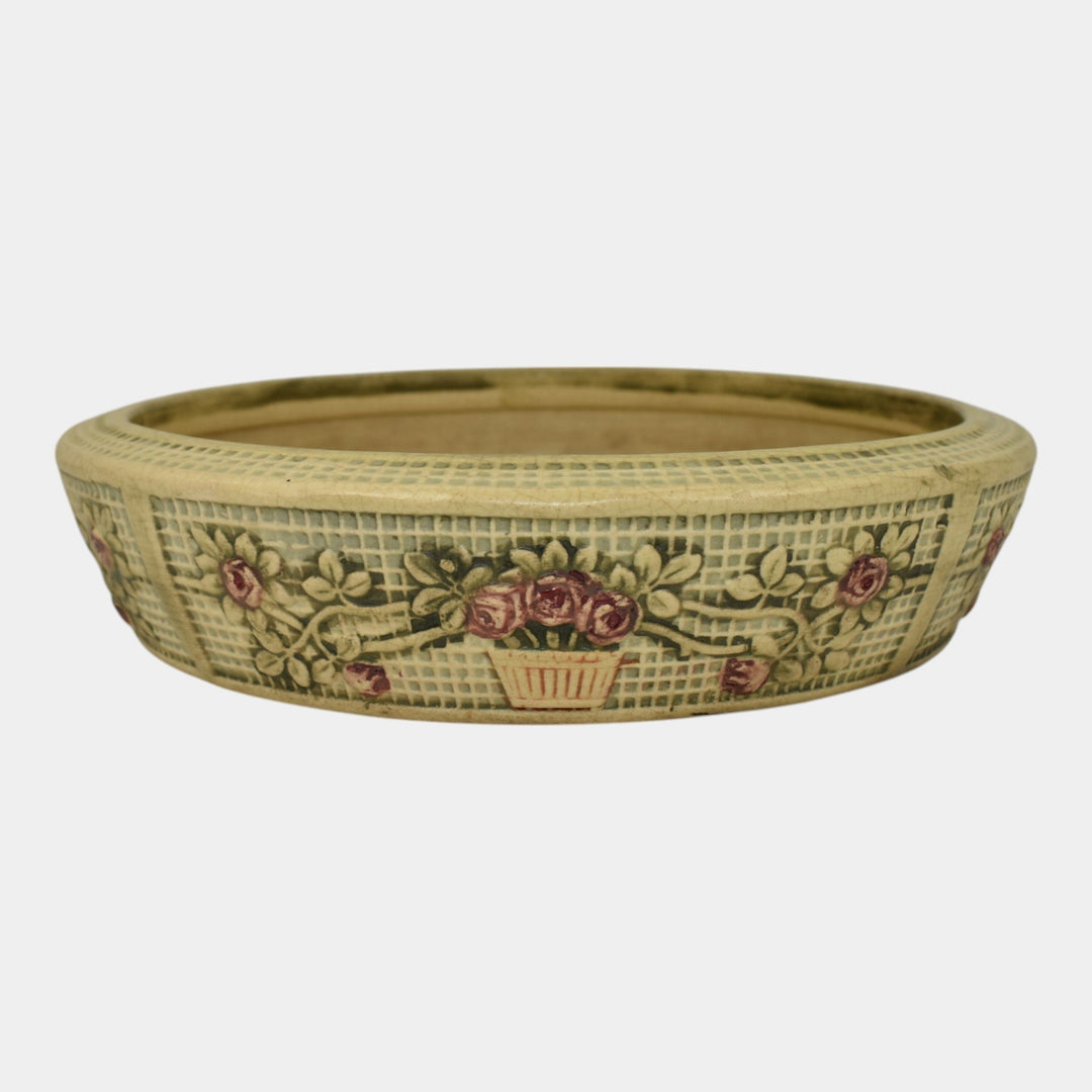 Weller Dupont 1910s Vintage Art Pottery Ivory Floral Ceramic Low Bowl - Just Art Pottery