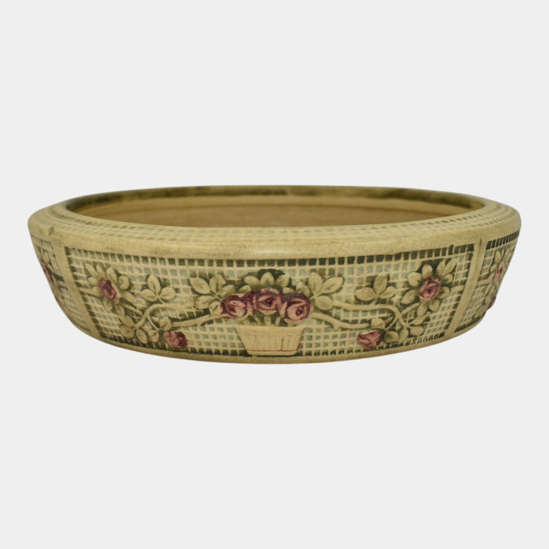 Weller Dupont 1910s Vintage Art Pottery Ivory Floral Ceramic Low Bowl - Just Art Pottery