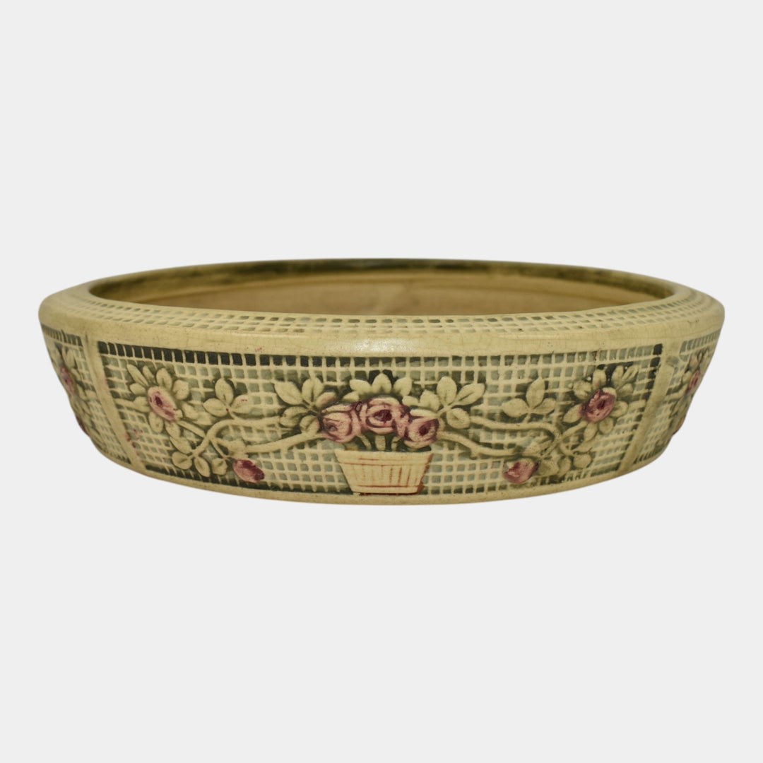 Weller Dupont 1910s Vintage Art Pottery Ivory Floral Ceramic Low Bowl - Just Art Pottery