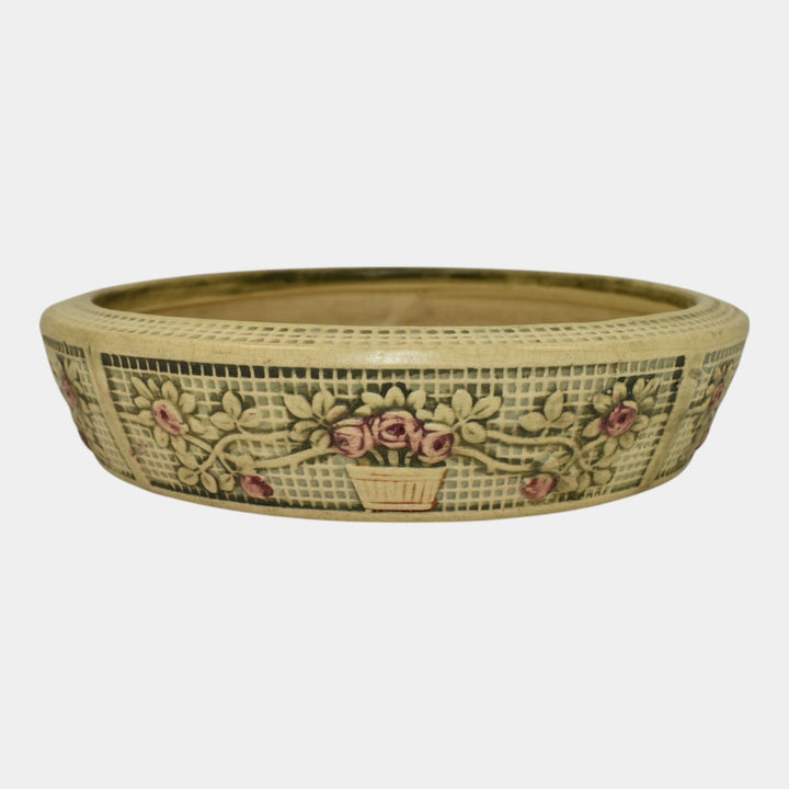 Weller Dupont 1910s Vintage Art Pottery Ivory Floral Ceramic Low Bowl - Just Art Pottery