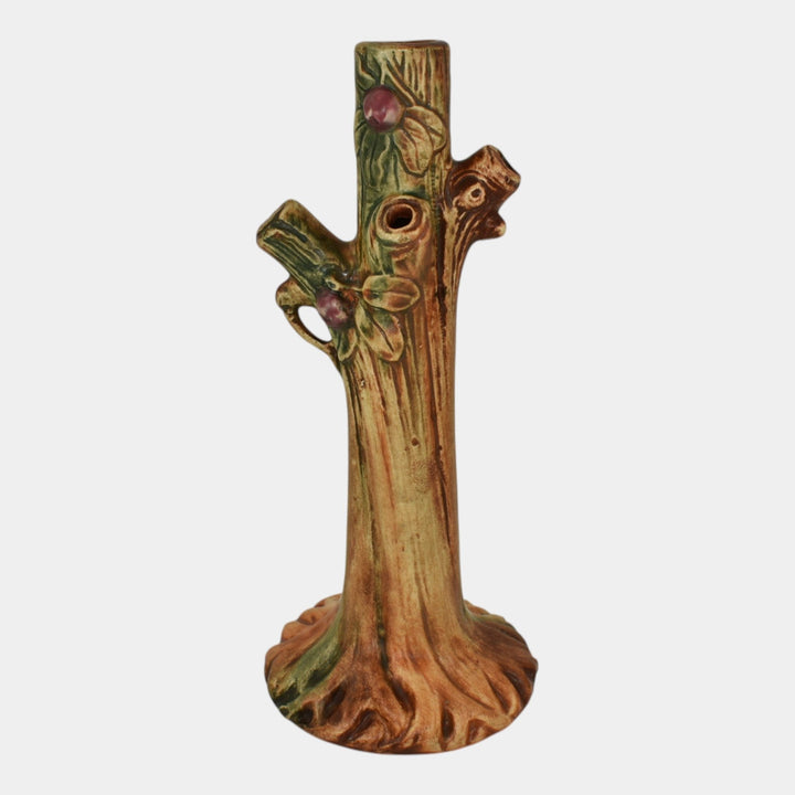 Weller Woodcraft 1920s Vintage Art Pottery Red Apple Tree Brown Ceramic Bud Vase