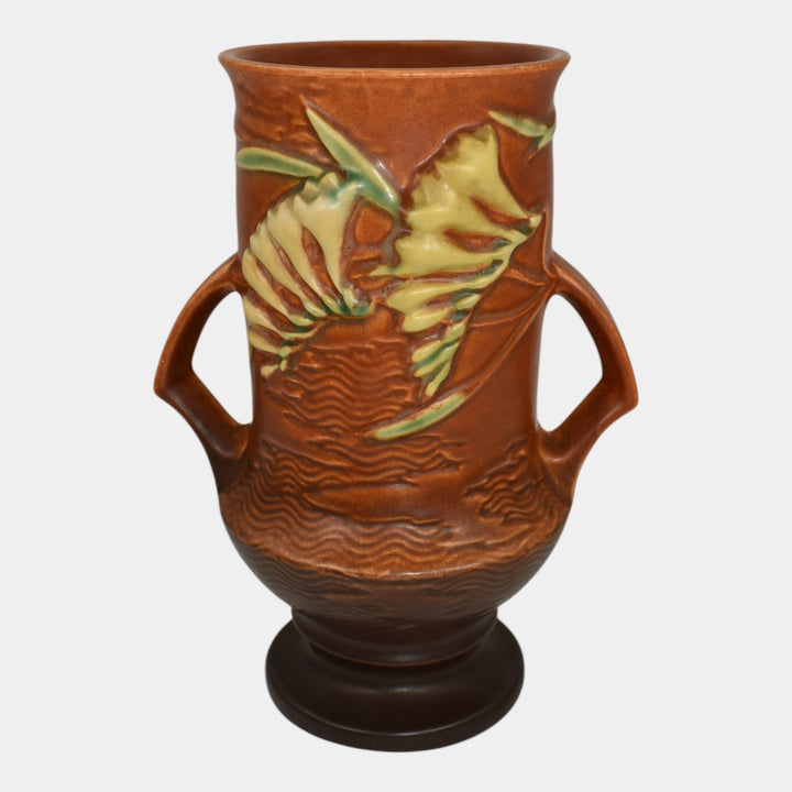 Roseville Freesia Brown 1945 Mid Century Modern Art Pottery Ceramic Vase 123-9