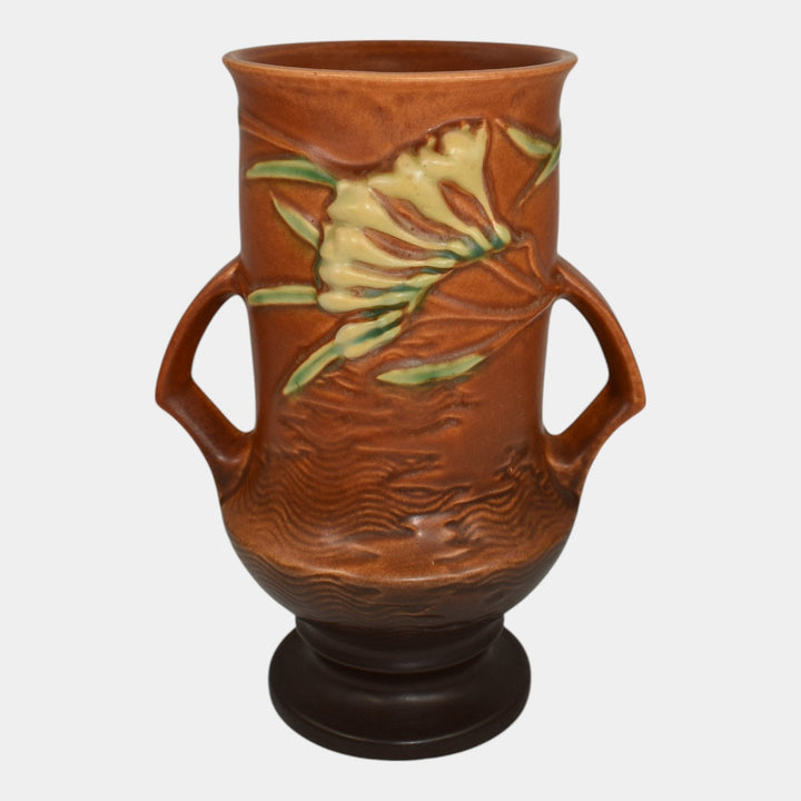 Roseville Freesia Brown 1945 Mid Century Modern Art Pottery Ceramic Vase 123-9