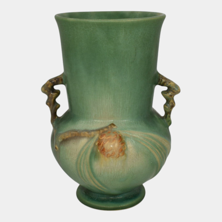 Roseville Pine Cone Green 1936 Vintage Art Pottery Handled Ceramic Vase 839-6