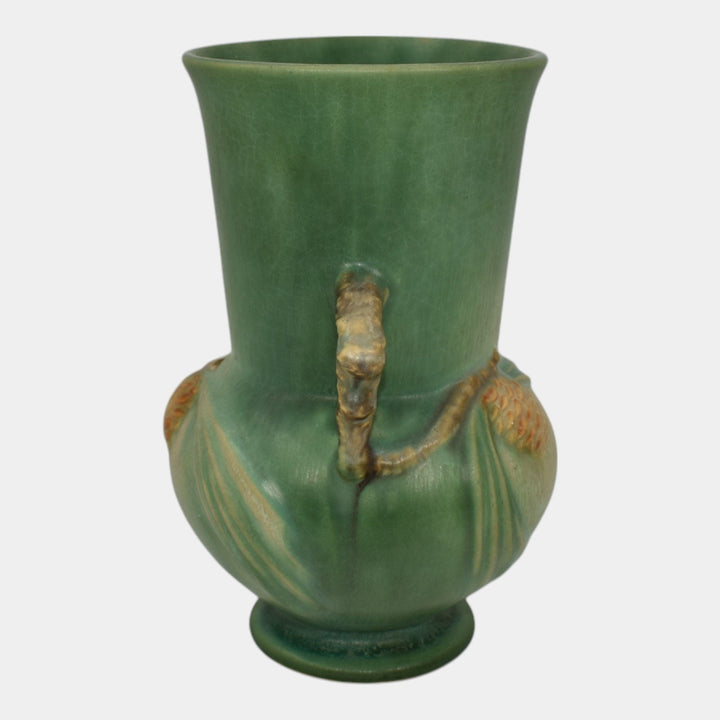 Roseville Pine Cone Green 1936 Vintage Art Pottery Handled Ceramic Vase 839-6