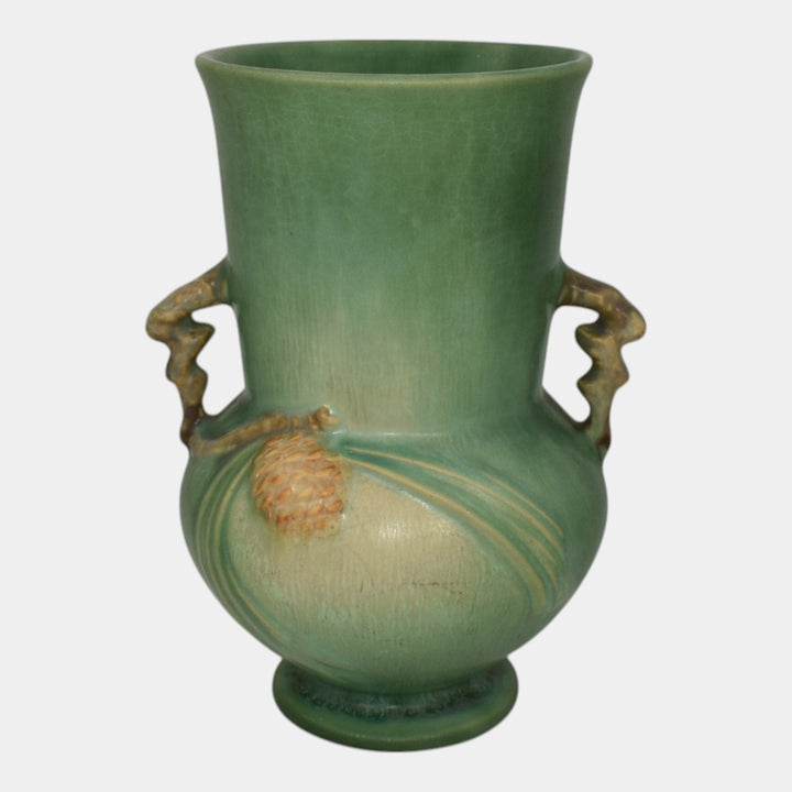 Roseville Pine Cone Green 1936 Vintage Art Pottery Handled Ceramic Vase 839-6