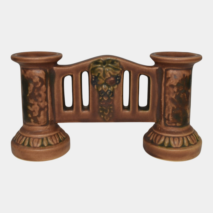 Roseville Florentine I 1920 Arts And Crafts Pottery Brown Double Bud Vase 40-4 - Just Art Pottery