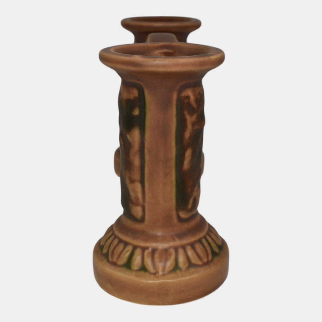 Roseville Florentine I 1920 Arts And Crafts Pottery Brown Double Bud Vase 40-4 - Just Art Pottery