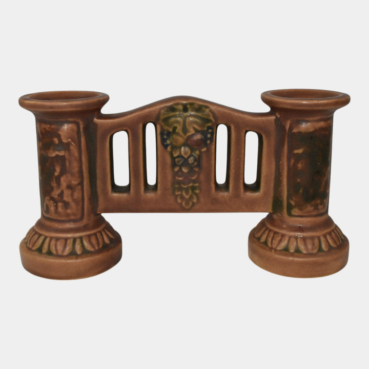 Roseville Florentine I 1920 Arts And Crafts Pottery Brown Double Bud Vase 40-4 - Just Art Pottery