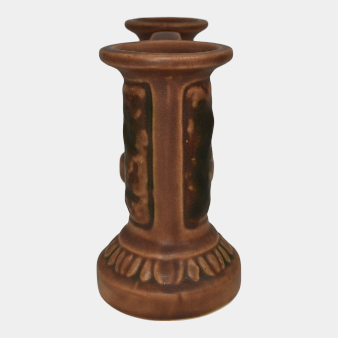 Roseville Florentine I 1920 Arts And Crafts Pottery Brown Double Bud Vase 40-4 - Just Art Pottery