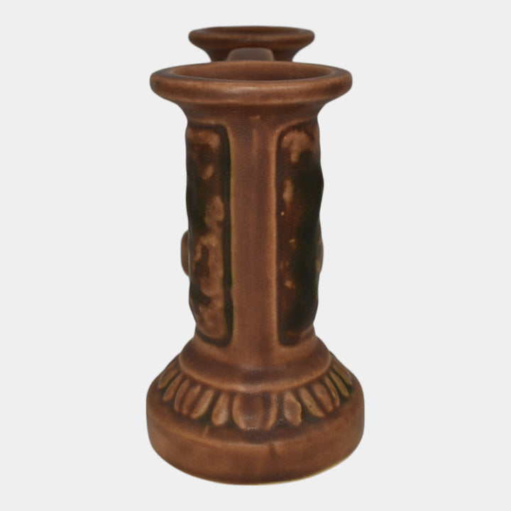 Roseville Florentine I 1920 Arts And Crafts Pottery Brown Double Bud Vase 40-4 - Just Art Pottery